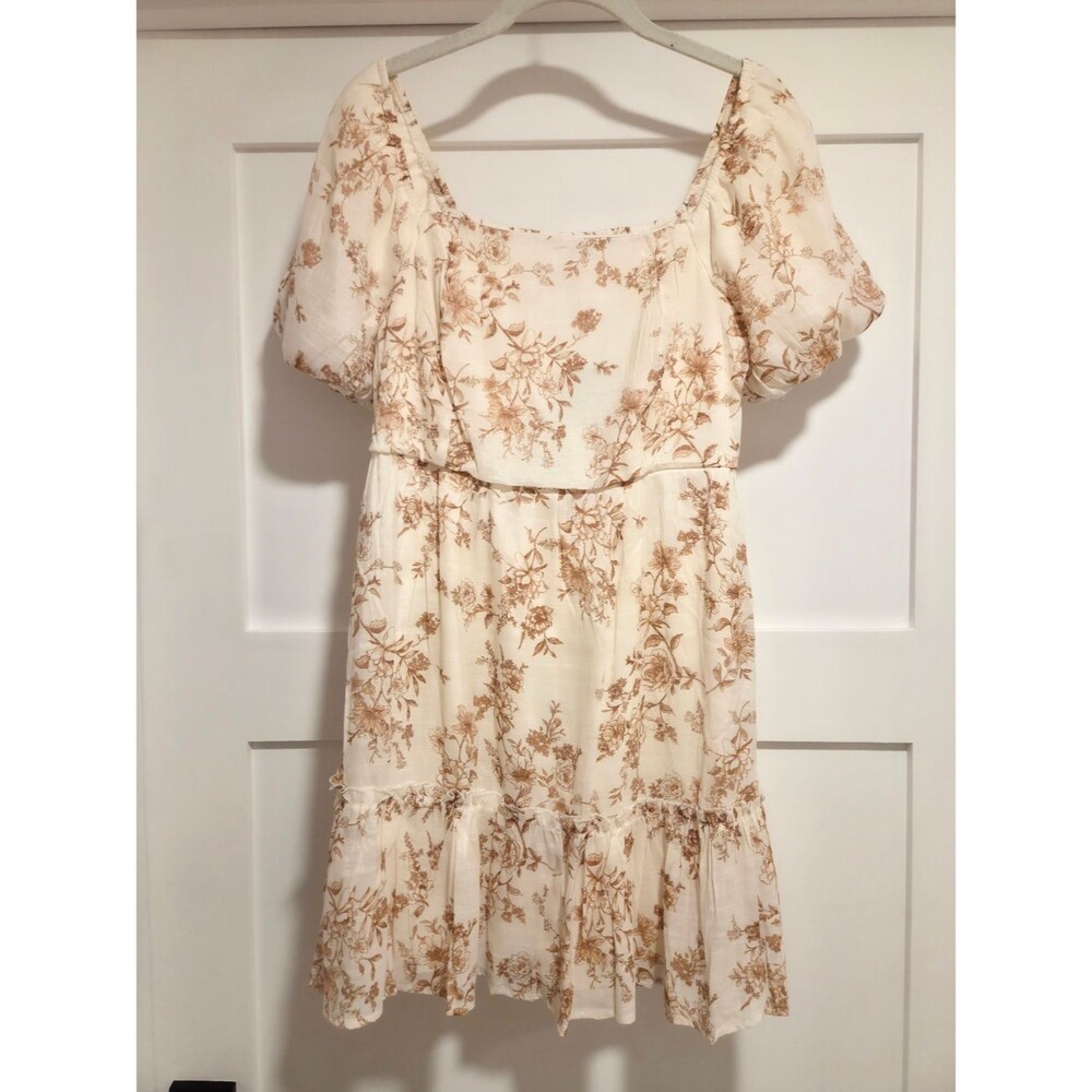 NWT Blu Pepper Cream & Tan Toile Floral Bubble Sleeve Mini Dress Size Small
